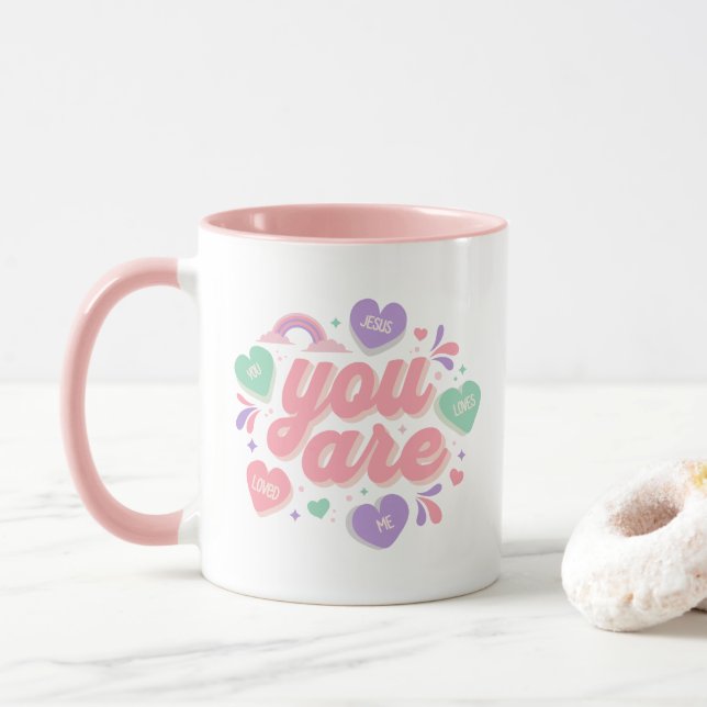 Hearts Jesus Loves You Christian Art  Mug (With Donut)