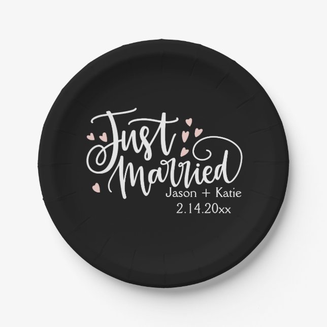 HEARTS Just Married Script Names Wedding Day Paper Plate (Front)