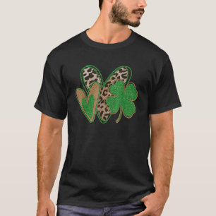 Hearts Leopard Irish Shamrock Happy St Patricks Da T-Shirt