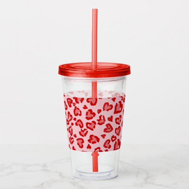 Hearts Leopard Pattern in Red on Blush Acrylic Tumbler (Front)