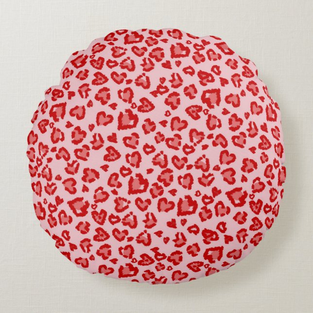 Hearts Leopard Pattern in Red on Blush Round Cushion (Front)