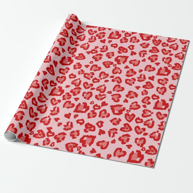 Hearts Leopard Pattern in Red on Blush Wrapping Paper (Unrolled)