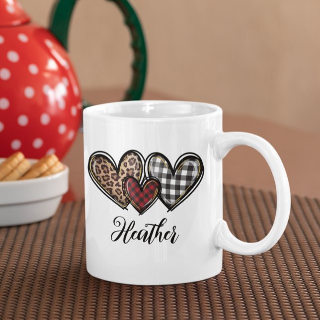 Hearts Leopard Plaid Valentine's day Personalised Coffee Mug (Creator Uploaded)
