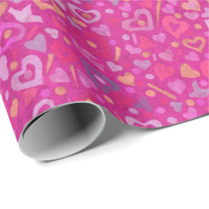 Hearts Love Collage Pattern Pink Fuchsia Magenta Wrapping Paper