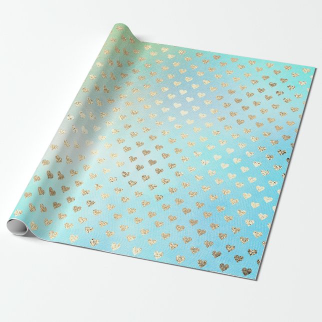 Hearts Metallic Mint Aqua Ocean Blue Gold Faux Wrapping Paper (Unrolled)