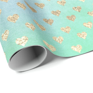 Hearts Metallic Mint Green Blue Gold Pink Wrapping Paper