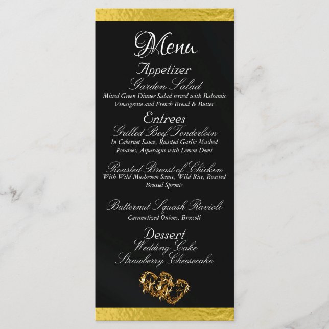 Hearts & Monogram - Black/Gold Wedding Menu (Front)