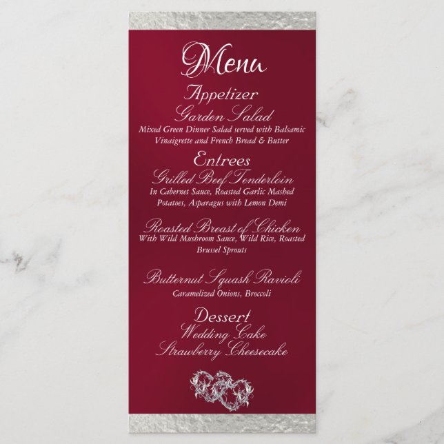 Hearts & Monogram - Burgundy/Silver Wedding Menu (Front)