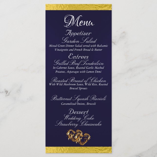 Hearts & Monogram - Navy Blue/Gold Wedding Menu (Front)