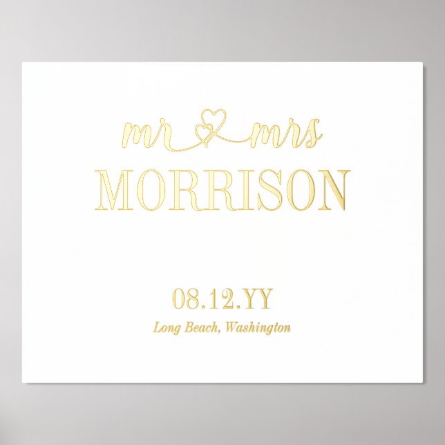 Hearts Mr & Mrs Last Name Wedding Date Foil Prints (Front)