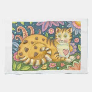Hearts N' Stripes Tabby Folk Art Cat Kitchen Towel