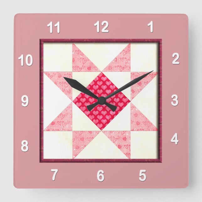 Hearts of Love Quilt Block in Pink Square Wall Clock (Front)