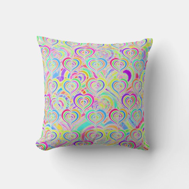 Hearts of Love Rainbow Psychedelic Throw Pillow (Front)