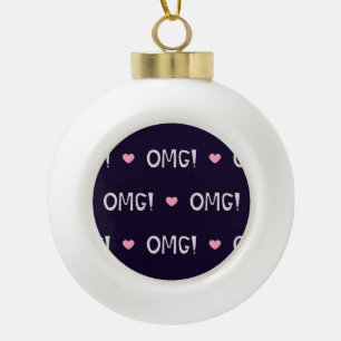 Hearts, OMG text, cute pattern Ceramic Ball Christmas Ornament