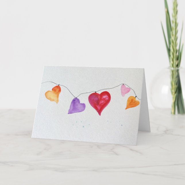 Hearts on a String Watercolor Folded Greeting Card (Front)