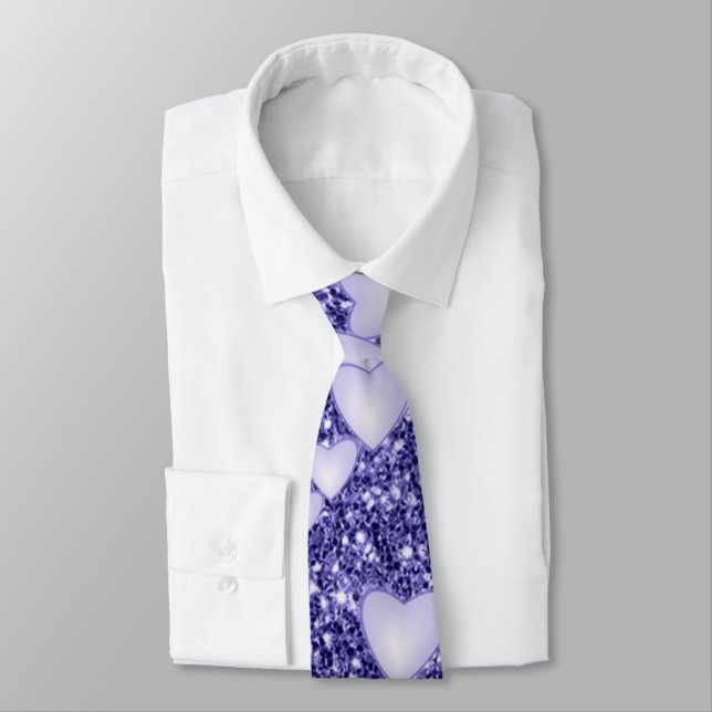 Hearts on Sparkling glitter print, blue Tie (Tied)