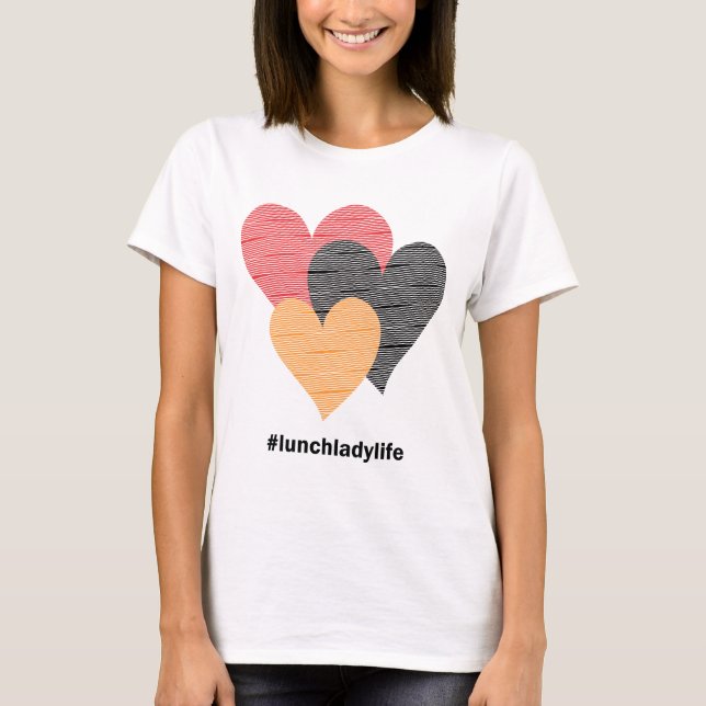 Hearts on Stripes Printed Lunch Lady Valentine T-Shirt (Front)