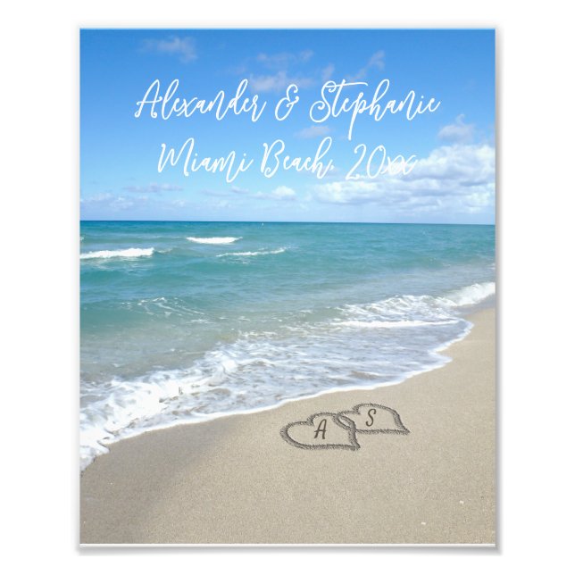 Hearts on the Beach Personalised Name Honeymoon Photo Print (Front)