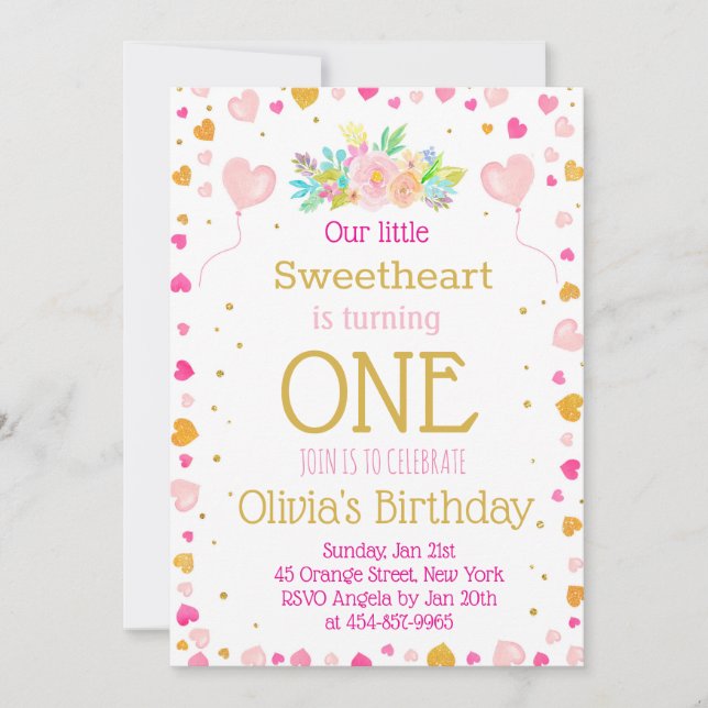 Hearts or Valentine First Birthday invitation cute (Front)