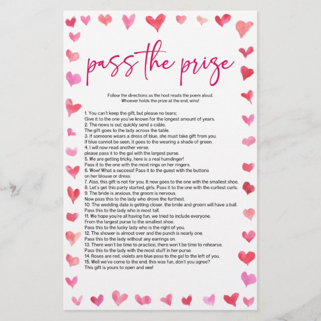 Hearts Pass The Prize Bridal Shower Game  Stationery (Front)