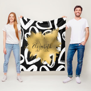 Hearts Pattern and Golden Foil Fleece Blanket