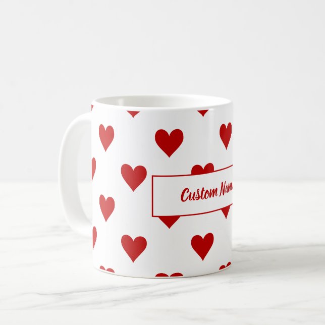 Hearts Pattern & Customizable Name Coffee Mug (Front Left)