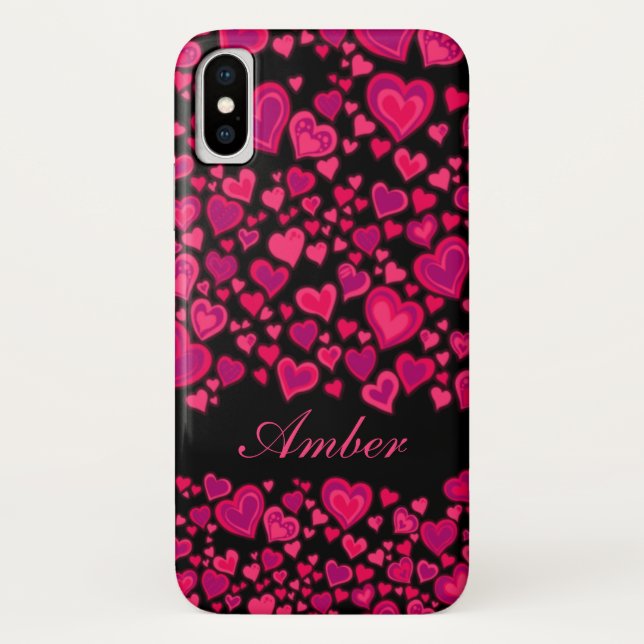 Hearts pattern hot pink & black named iphone case (Back)