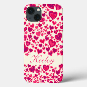 Hearts pattern hot pink & cream named  iPhone 13 case