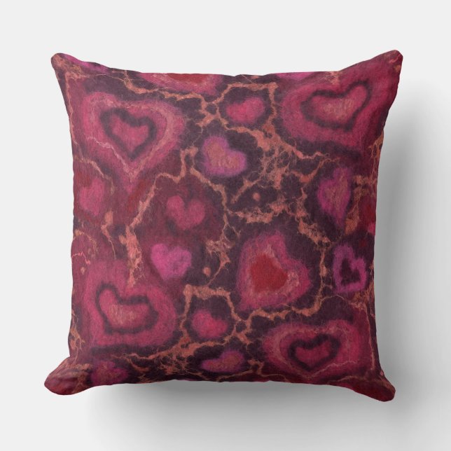 “Hearts” pattern, red, burgundy & pink, fibre art Cushion (Front)