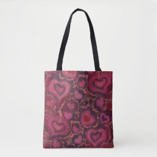 “Hearts” pattern, red, burgundy & pink, fibre art Tote Bag