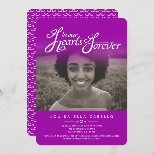 Hearts photo pink purple funeral invites (Front/Back)