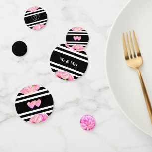 Hearts & pink flowers on black & white wedding confetti