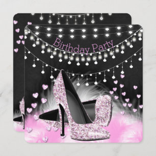 Hearts Pink High Heels Birthday Chalkboard Lights Invitation