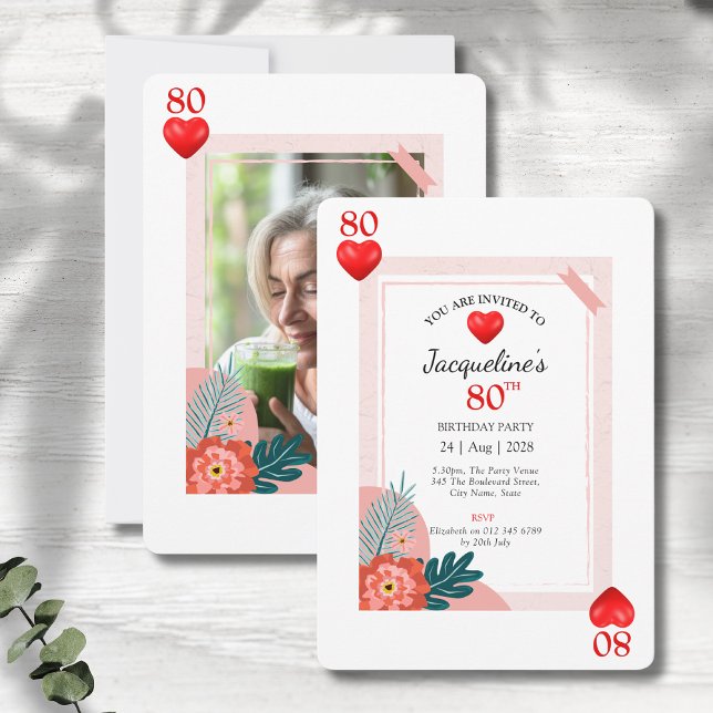 Hearts Playing Card 80th Birthday Party Invitation (80th birthday party invitations in a playing card style on a grey wood background.)