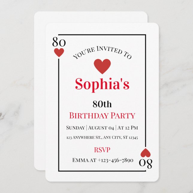 Hearts Playing Card 80th Birthday Party Invitation (Front/Back)