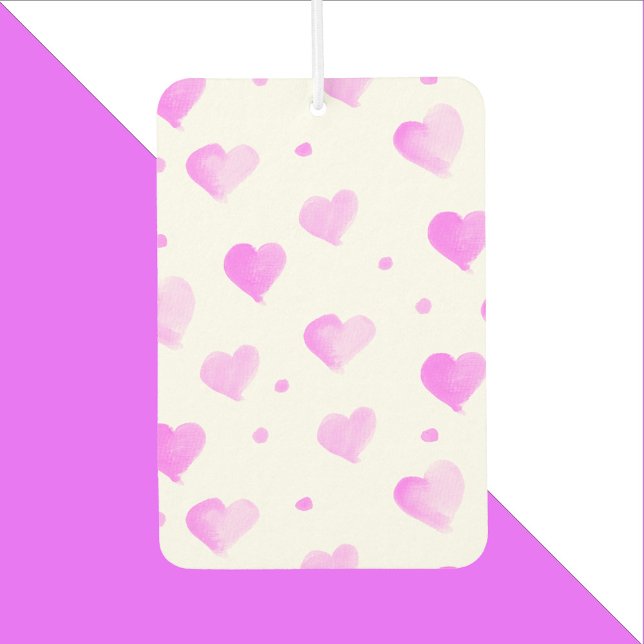 Hearts Polka Dots Watercolor Pink Pattern Car Air Freshener (An air freshener with a pink watercolor heart pattern.)