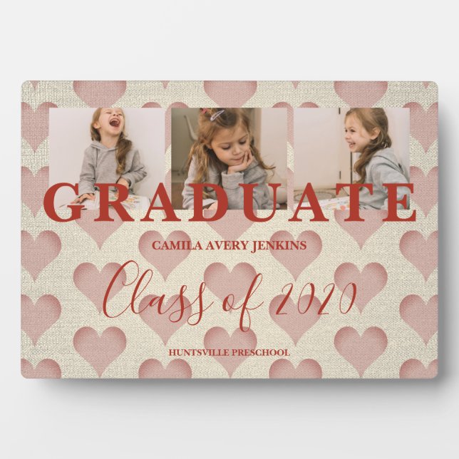 Hearts Pre-K Graduation 3 Photos Textile Texture Plaque (Front)