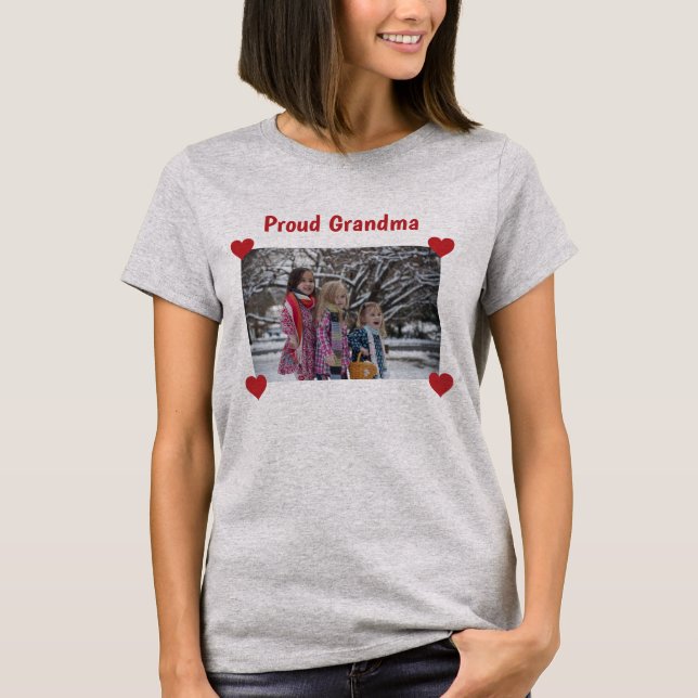 Hearts Proud Grandma Love Personalise Photo Make T-Shirt (Front)