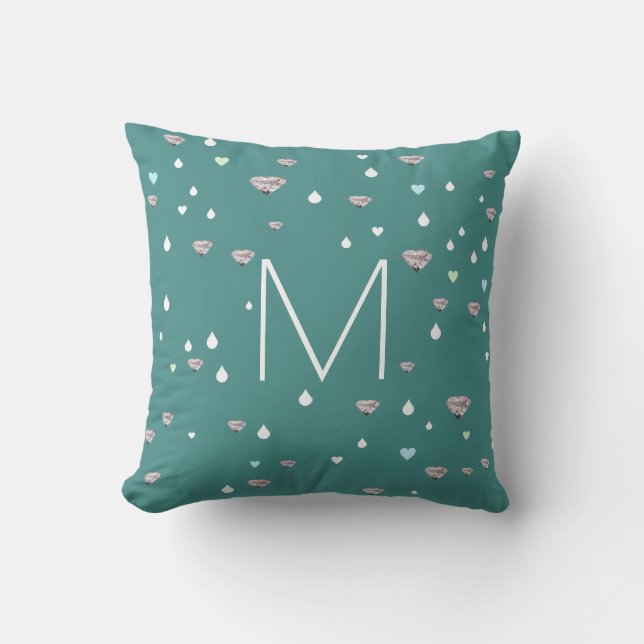hearts, rain drops & diamonds, stylish blue cushion (Front)