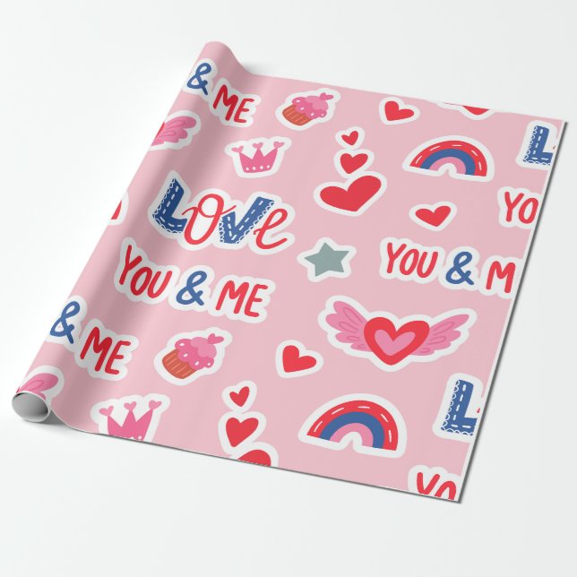 Hearts,Rainbow and Love Incriptions Wrapping Paper (Unrolled)