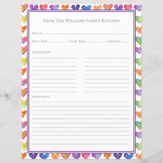 Hearts Rainbow White Recipe Paper Sheet
