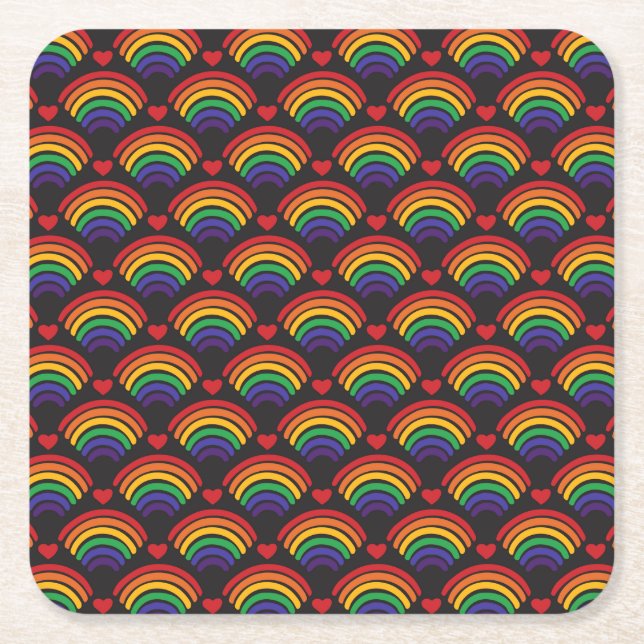 Hearts & Rainbows Pattern Square Paper Coaster (Front)