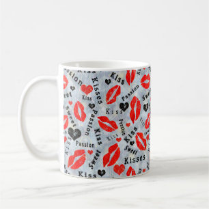 Hearts, red, black, Lip prints, kiss Coffee Mug