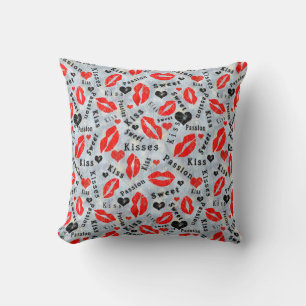 Hearts, red, black, Lip prints, kiss Cushion