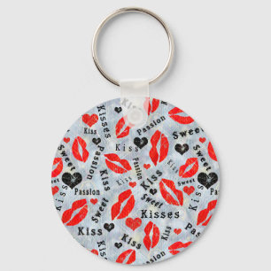 Hearts, red, black, Lip prints, kiss Key Ring