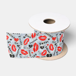 Hearts, red, black, Lip prints, kiss Satin Ribbon