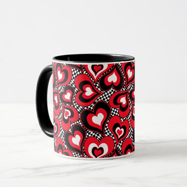 Hearts, red, black, white mug (Front Left)