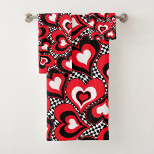 Hearts, red, black, white, Valentine's day. Bath Towel Set
