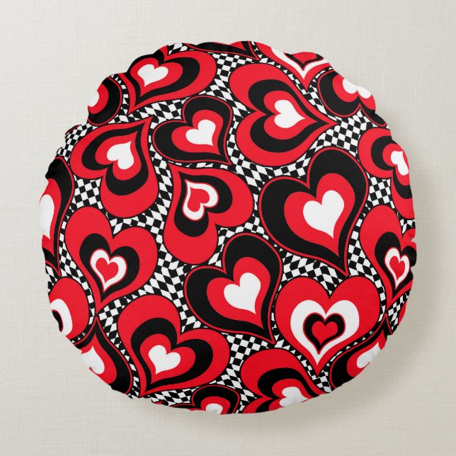 Hearts, red, black, white, Valentine's day . Round Cushion (Front)