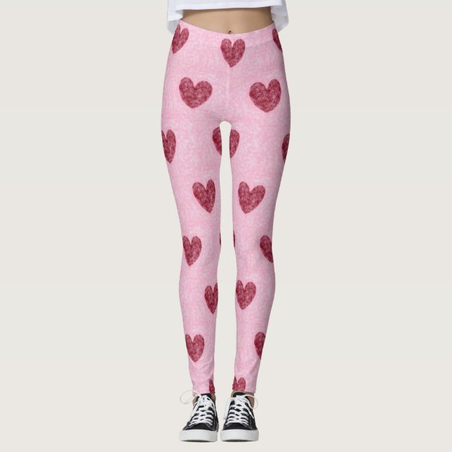 Hearts Red Hearts On Pink Faux Fuzzy Design Leggings (Front)